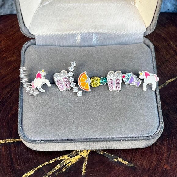 Girly Tiny Stud Earrings Lot Sterling Silver Unicorn, Ice Cream, Pineapple - Picture 1 of 6